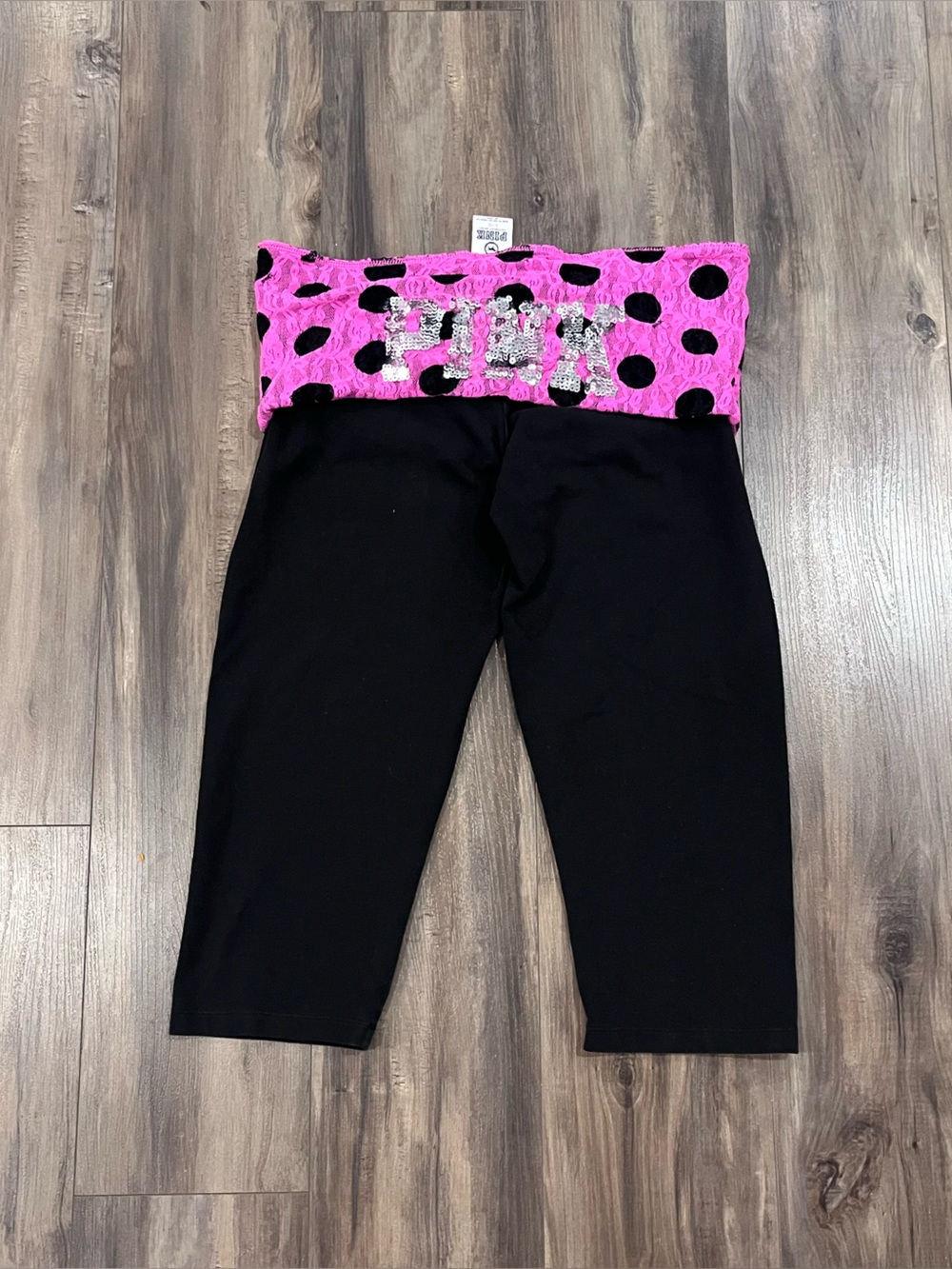 PINK Victoria's Secret Black Leggings with Hot Pink Polka Dot Foldover Waistband